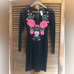 Fashion Nova Black Mini with Rose and sheer detail